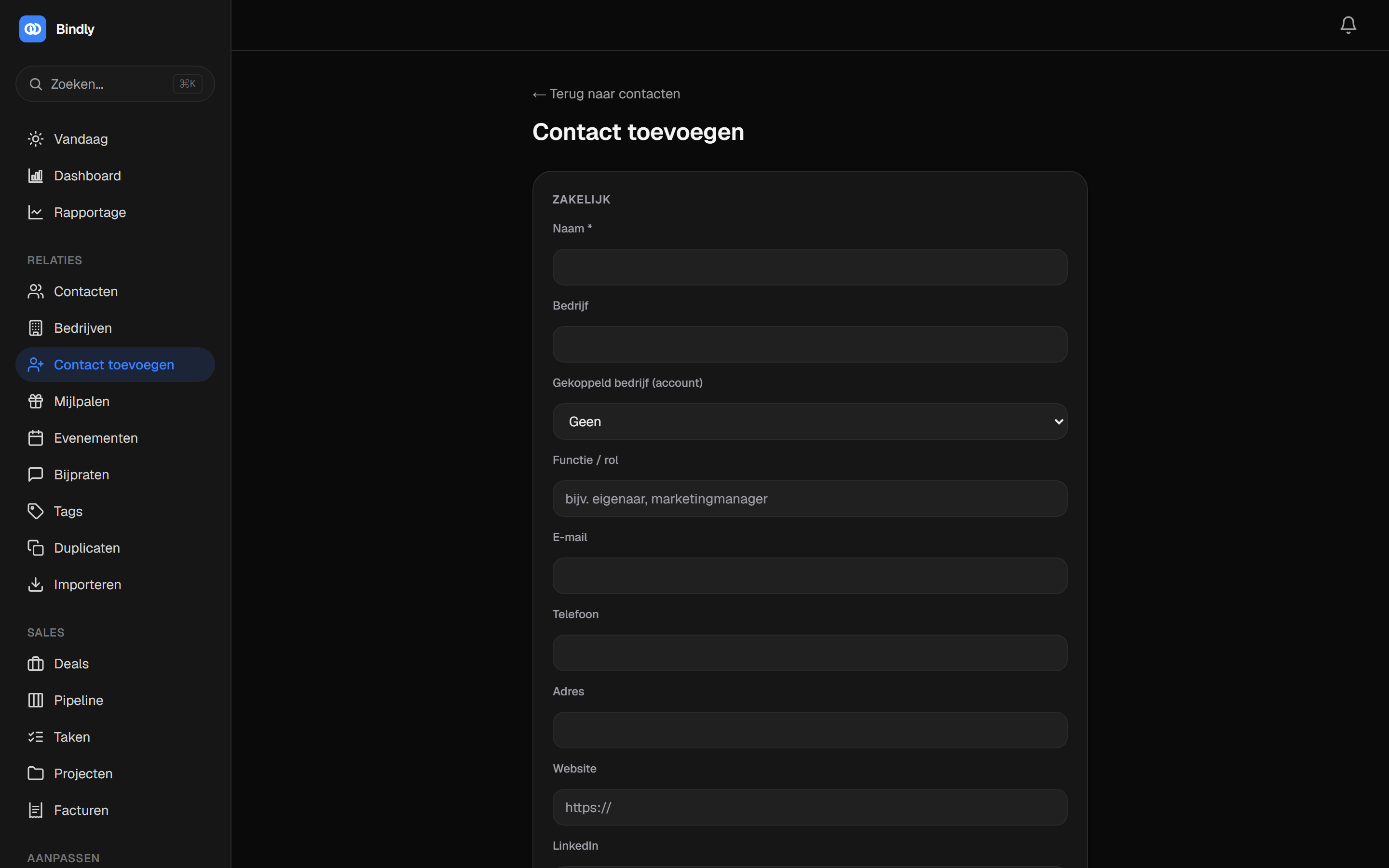 Het formulier om een contact toe te voegen