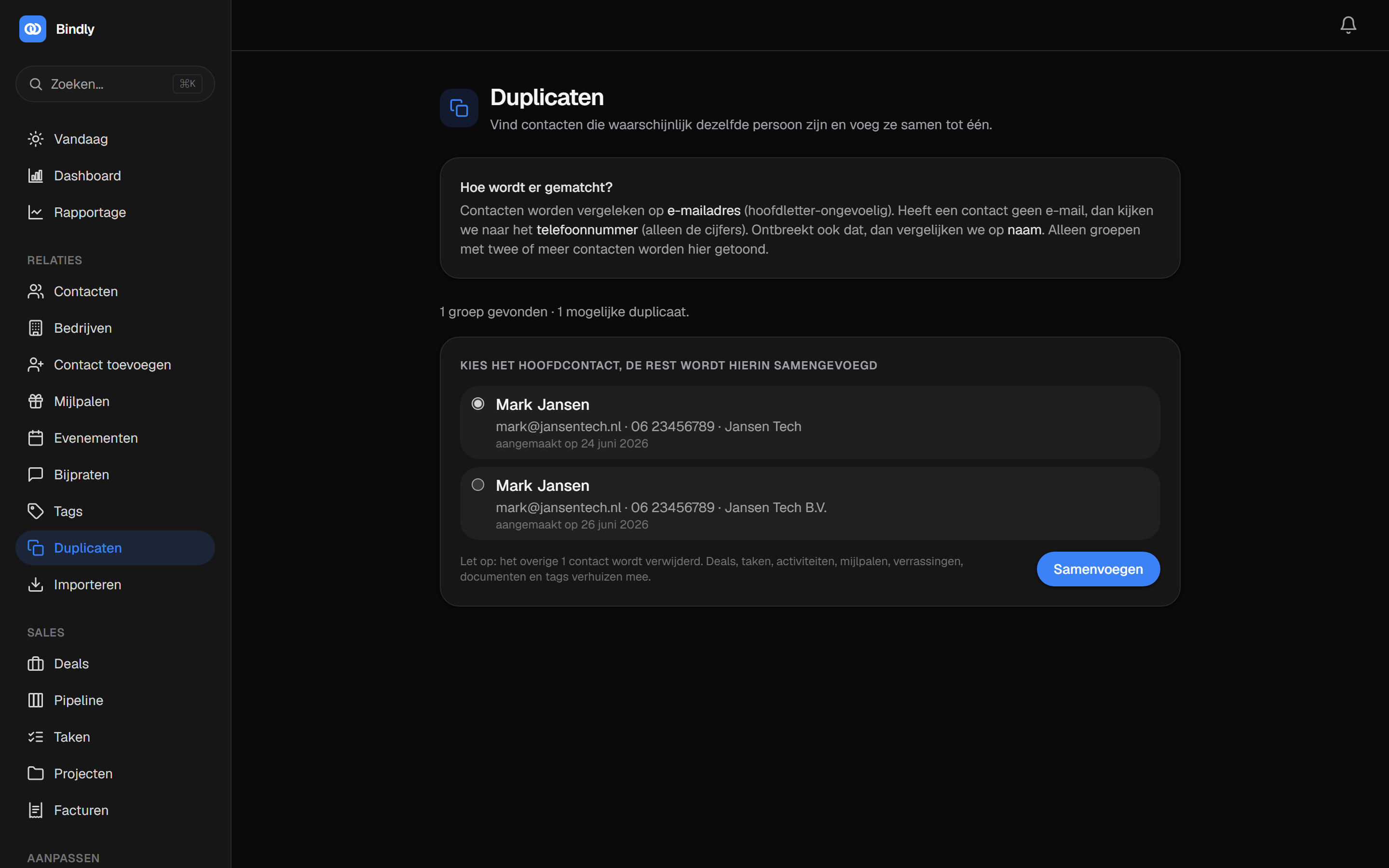De duplicaten-pagina met een samenvoeg-groep