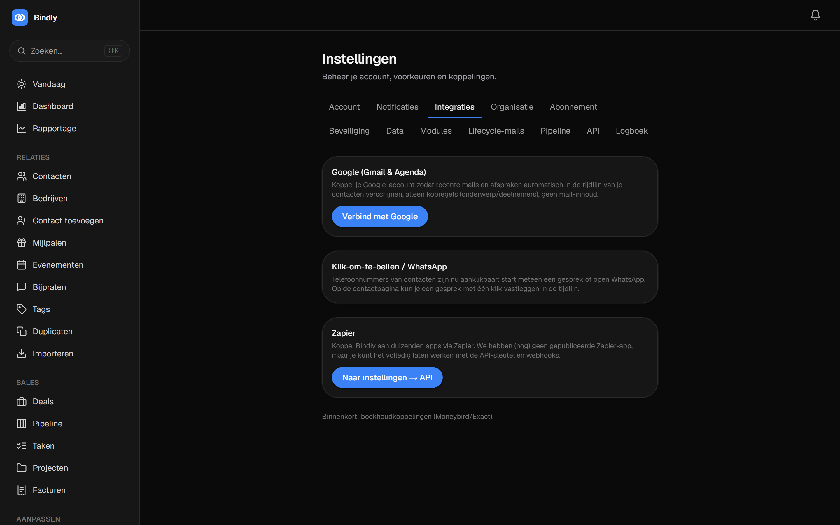 De integraties-instellingen met de Google-koppeling