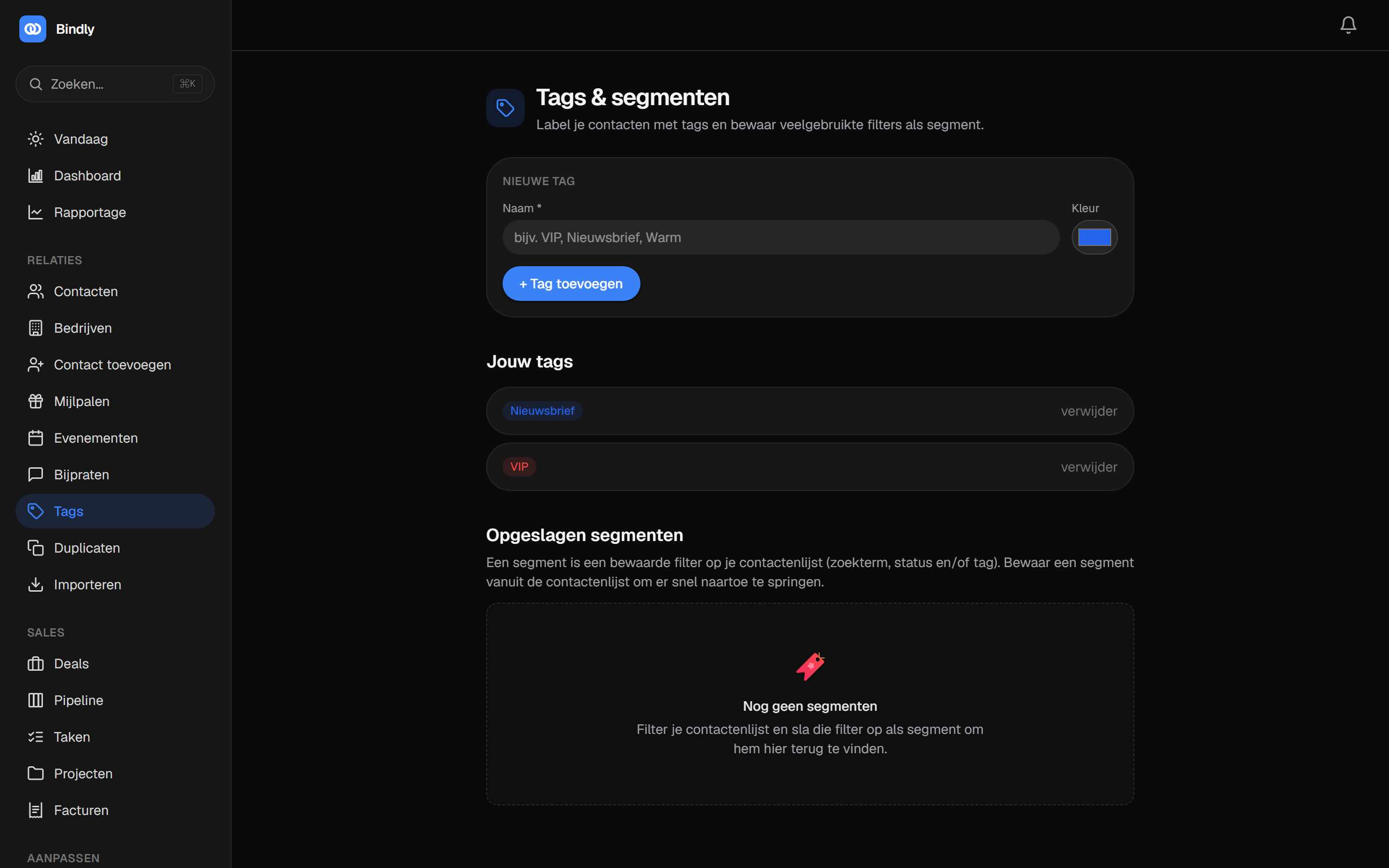 De Tags-pagina met tags en opgeslagen segmenten